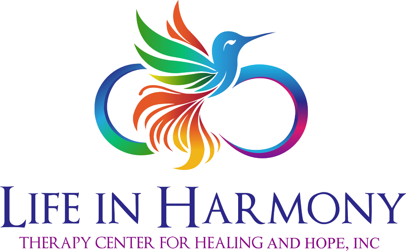 Life in Harmony Therapy Center logo — a hummingbird within an infinity symbol
